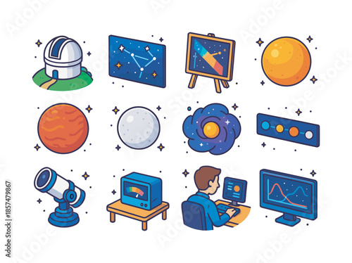 Isometric Stellar Icons. The study of stars and stellar evolution. Colorful isometric vector icons set of The study of stars and stellar evolution: observatory