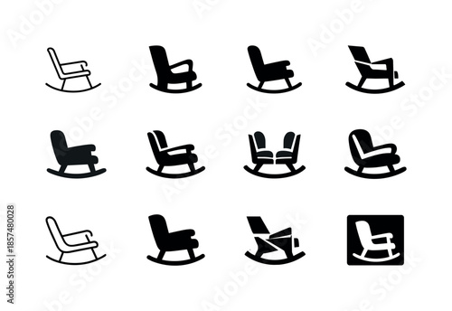 Rocking Chair Iconography. A comfortable rocking chair in a nursery or reading room. Icon set. Set Logo of a comfortable rocking chair in a nursery or reading
