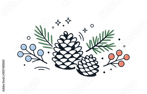 Winter's Quiet Beauty. Winter nature editorial illustration. Minimal arrangement of pine cones, evergreen sprigs, and small berries, expressing quiet seasonal