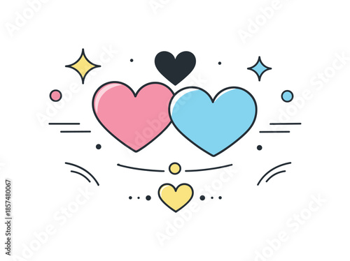 Abstract Romantic Harmony. Abstract love symbols. Floating hearts, stars, and lines forming a balanced composition, representing affection without characters.