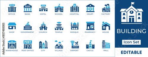 
Building flat icon set. Editable Collection of office, hospital, mall, mosque, airport, factory, and more. Ideal for maps,real estate, and city planning.