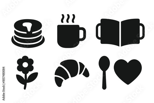 Weekend Morning Icons. Weekend Morning. Filled icon set of Weekend Morning: pancakes, hot cocoa, tray, book,