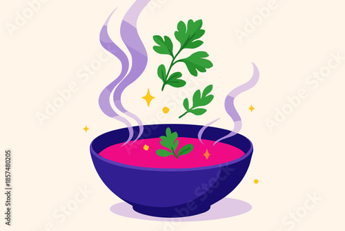 Steaming Soup with Garnish. Steaming soup with fresh garnish. The garnish hovers above in light motion; steam