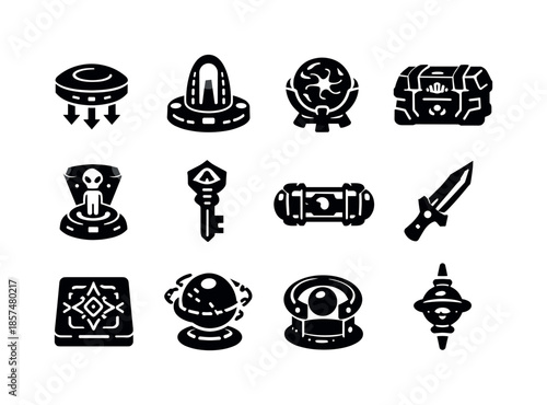 Alien Tech Icons. Lost alien technologies. Solid icon set of forgotten extraterrestrial tech: gravity module, teleport anchor, plasma core, sealed tech crate,