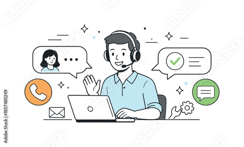 Friendly Support Interaction. Customer support. Support agent with headset assisting a client through chat and phone icons, showing friendly and attentive