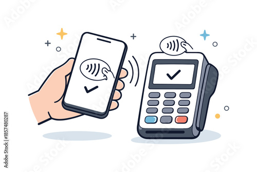 Seamless Tap Payment. Contactless payments. A simple tap-to-pay action with a phone and terminal, highlighted by gentle motion lines. Fast, seamless, and