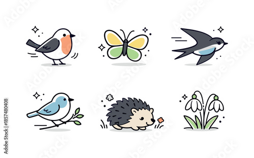 Spring Wildlife Icons. Early spring wildlife icons. A small set of clean line icons featuring birds, butterflies, and a hedgehog, gentle awakening of nature