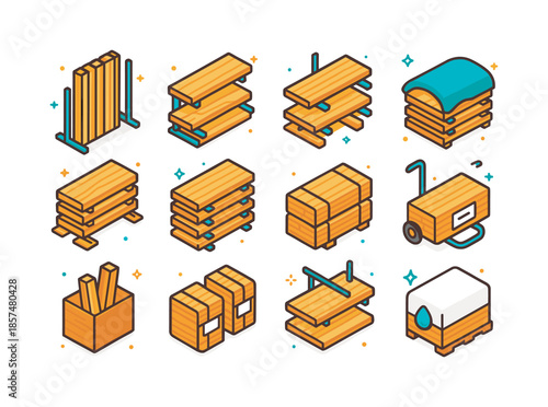 Colorful Wood Storage Icons. Wood storage and stacking. Colorful isometric vector icons set of wood storage and stacking: vertical rack with planks, horizontal