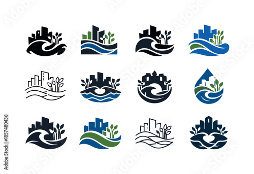 Urban Farming Logos. urban farming riptides. Icon set. Set Logo of urban farming riptides: wave-powered irrigation. harmonious logo variations of the same