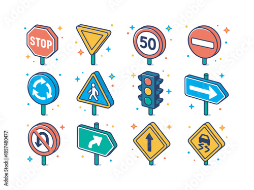 Colorful Road Signs Icons. Road signs infographic. Colorful isometric vector icons set of Road signs infographic: stop sign, yield sign, speed limit sign, no