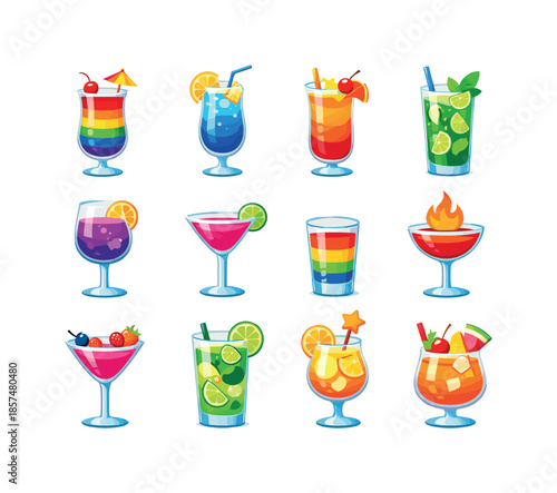 Colorful Cocktail Icons. Colorful Cocktails. Colorful flat vector icons set of Colorful Cocktails: rainbow cocktail, blue lagoon, sunrise mix, emerald mojito,