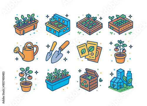 Isometric Urban Gardening Icons. Urban gardening. Colorful isometric vector icons set of Urban gardening: balcony planter box, rooftop garden patch, community
