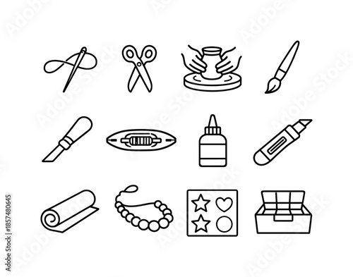 Craftsmanship Icon Set. Hands-on craftsmanship. Line icon set of Hands-on craftsmanship: needle and thread, scissors, pottery wheel, paintbrush, carving tool,