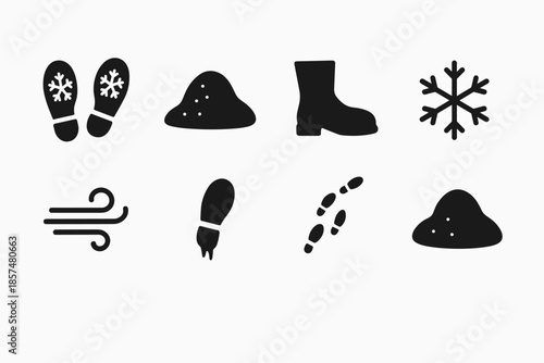 Black Snow Icons. Snow trail steps. Filled icon set of Snow trail steps: footprint marks, snow pile, boot