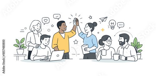 Healthy Workplace Collaboration. Healthy workplace culture. Team working together in a relaxed office with plants, smiles, and supportive gestures. Friendly