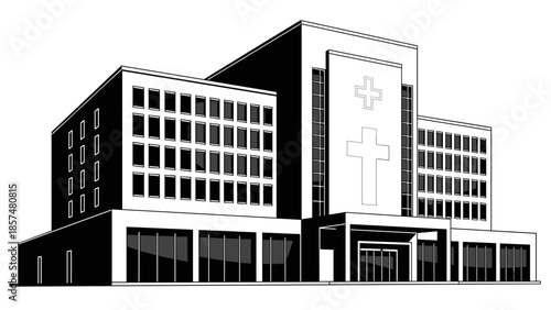 Modern Church Building with Cross Illustration.
