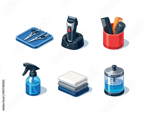 Barber Tools Grid. Barber workspace. Isometric flat vector icons set of barber workspace: scissors on tray, hair clipper dock, comb holder, spray bottle, towel