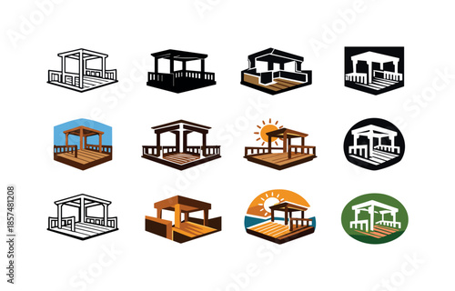 Wooden Deck Logos. A wooden deck. Icon set. Set Logo of a wooden deck: outdoor deck pergola. harmonious logo variations of the same emblematic concept, each