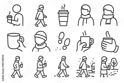 Cozy Coffee Icons. Cozy coffee stroll. Line outline icon set of cozy coffee stroll: person holding coffee cup,