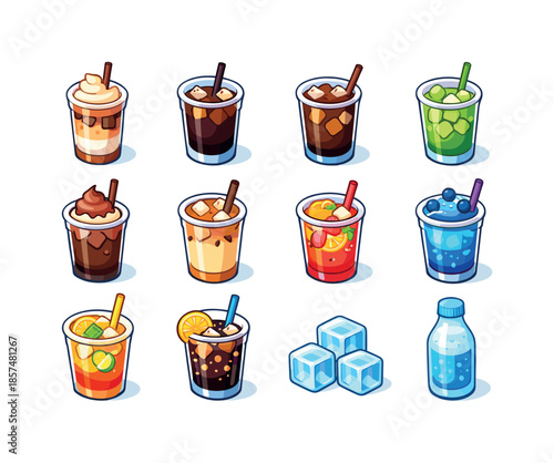 Iced Drink Icons. Iced drinks. Colorful isometric vector icons set of iced drinks: iced latte, iced americano, cold brew, iced matcha, iced chocolate, iced