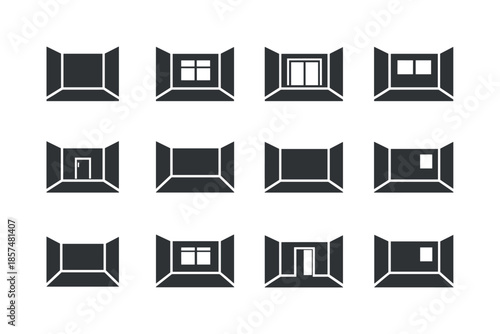 Minimalist Room Icons. Empty Room. Solid icon set of Empty Room: empty interior wall, vacant room wall, unfurnished room, bare walls, empty space interior,