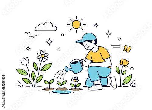 Spring Growth Illustration. Spring Renewal Scene. A person watering small plants with leaves and flowers gently growing around. The illustration reflects
