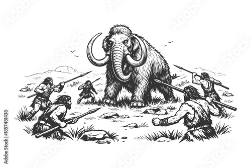 Prehistoric mammoth hunting scene with early humans, black and white line art vector illustration depicting ancient survival and teamwork