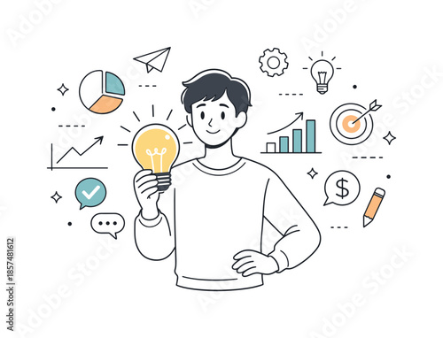 Innovative Business Ideas. New business ideas illustration. Minimal scene with a person holding a lightbulb, surrounded by floating charts, icons, and abstract