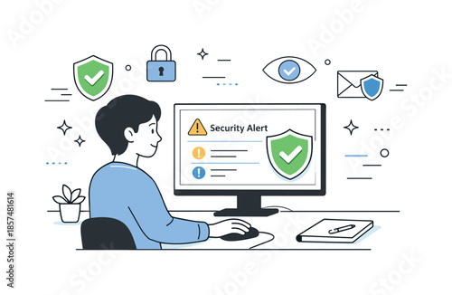 Digital Security Vigilance. Cybersecurity awareness. Person monitoring a secure digital workspace, checking alerts and shield icons on a screen. Calm sense of