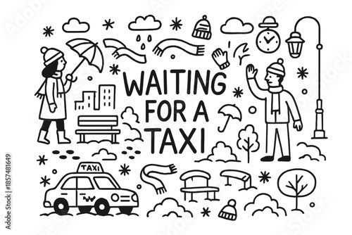 Doodle Taxi Scene. Waiting for a taxi. Hand-drawn doodle illustration of Waiting for a taxi. People, cab,