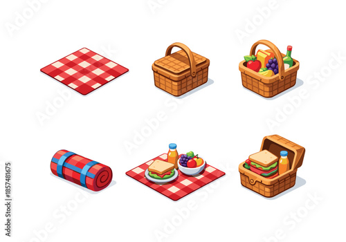 Isometric Picnic Icons. Picnic blanket & basket. Isometric flat vector icons set of picnic blanket & basket: checkered picnic blanket, wicker picnic basket