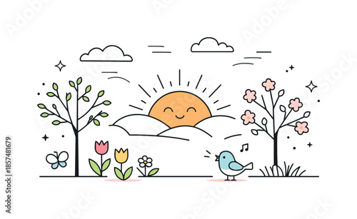 Spring Morning Awakening. Spring morning in nature. Trees and flowers slowly coming to life under the rising sun, with soft clouds and light motion lines.