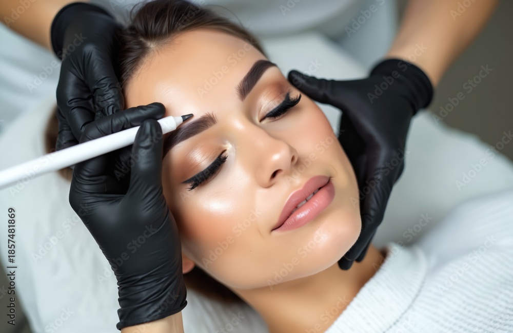 Fototapeta premium Woman receives permanent eyebrow makeup in a salon. A specialist in black gloves uses a tool to shape and color eyebrows. Procedure enhances facial beauty with cosmetic tattooing.