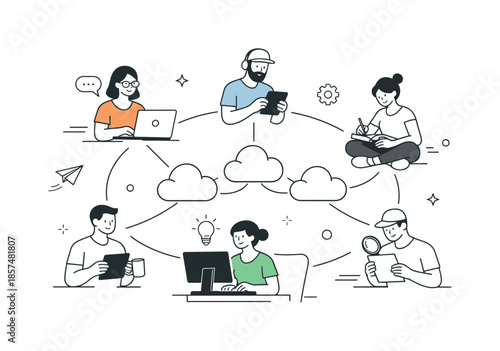 Connected Cloud Network. Decentralized network. Multiple characters working independently, connected through abstract cloud nodes. Feeling of equality and