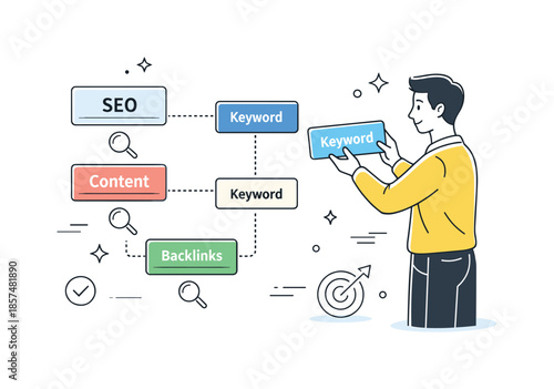 SEO Keyword Strategy. SEO and content strategy. Marketer placing keywords into abstract cards connected to search icons. Calm structured process of improving