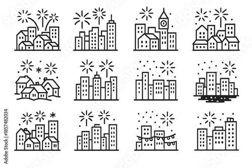 Festive City Icon Set. Festive cityscape. Line outline icon set of festive cityscape: city buildings,