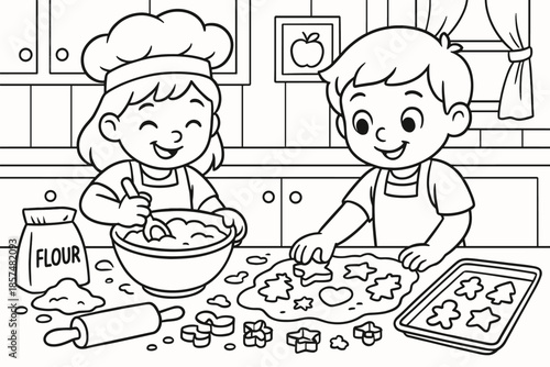 Cookie Baking Fun. Holiday cookie baking children?s coloring book illustration, outlined drawing, kids mixing