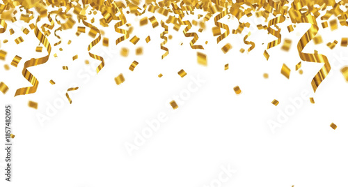 Falling Golden Confetti and Curling Ribbons Isolated on White Background