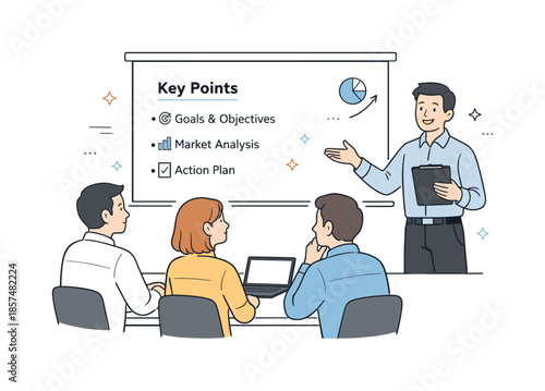 Professional Presentation Scene. Business meeting and presentation. Presenter sharing key points on a simple screen while listeners engage attentively. Clear