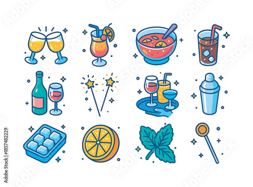 Party Drink Icons. Drink party. Colorful isometric vector icons set of drink party: clinking glasses, fruity cocktail, punch bowl, soda glass, wine bottle,