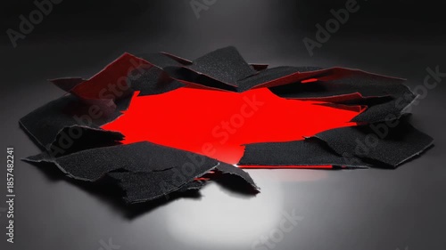 Torn black fabric revealing glowing red surface beneath, cinematic tension and depth