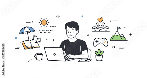 Harmony at Work. Work-life balance. Person calmly working at a desk while simple leisure icons float nearby, suggesting harmony between tasks and rest.