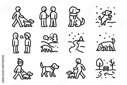 Happy Dogs in Snow. Happy dog walk. Line outline icon set of happy dog walk: person walking dog, friends with