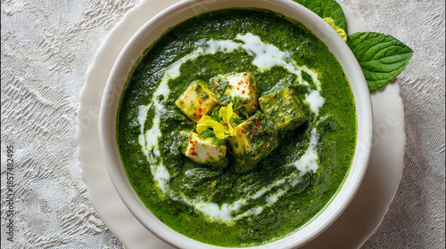 Palak paneer, a popular indian dish consisting of spinach and cheese, served in a bowl