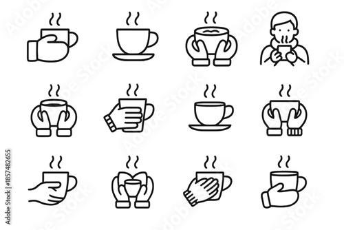 Cozy Hot Drink Icons. Cozy hot drink icons. Line outline icon set of cozy hot drink icons: hand in mitten