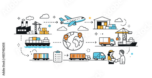Global Supply Network. International supply chain. A visual flow of factories, warehouses, and transport icons connected across regions. Smooth coordination