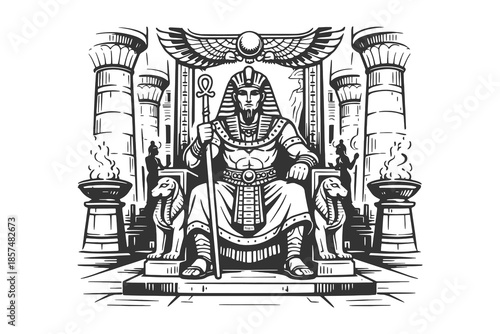 Ancient Egyptian pharaoh sitting on throne with hieroglyphs, black and white line art vector illustration in detailed hand drawn style