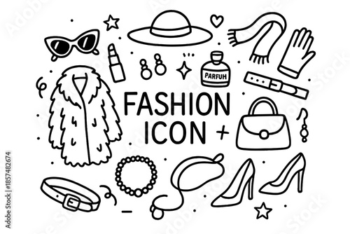 Fashion Icon Doodle. Fashion Icon. Hand-drawn doodle illustration of Fashion Icon. Fur coat, heels, handbag,