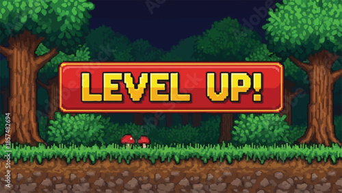 Pixel Art 'LEVEL UP!' Game Screen Banner with Retro Forest Background