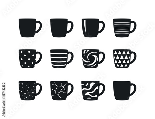 Mug Texture Icon Set. Mug textures and patterns. Solid icon set of mug textures and patterns: smooth ceramic, matte finish, glossy finish, ribbed pattern,